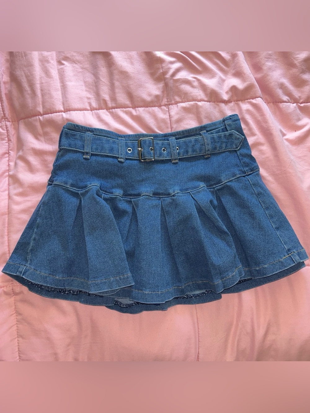 Denim Pleated Mini Skirt with Belt - Blue